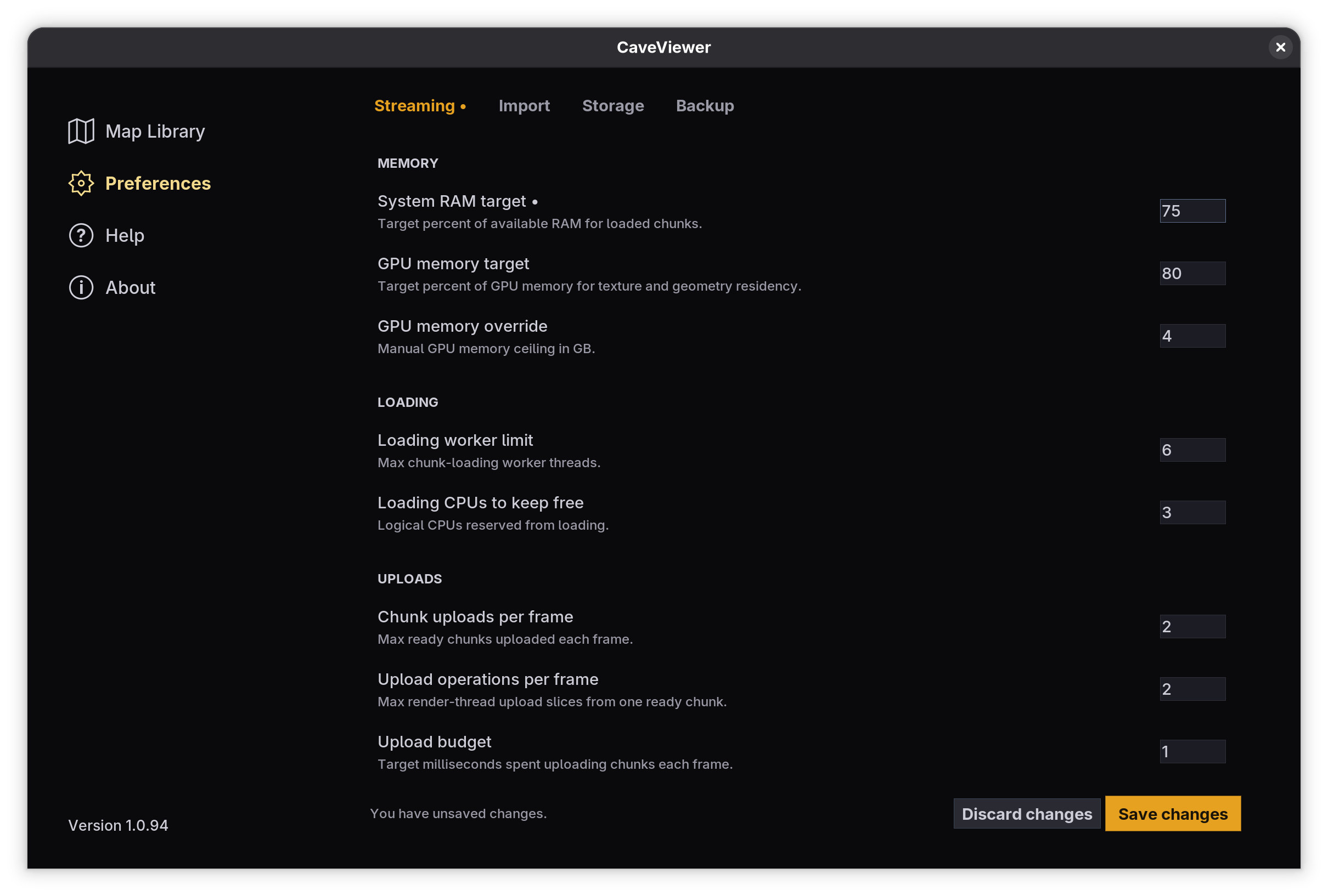 CaveViewer Preferences with the Streaming tab selected, showing memory, loading, and upload settings