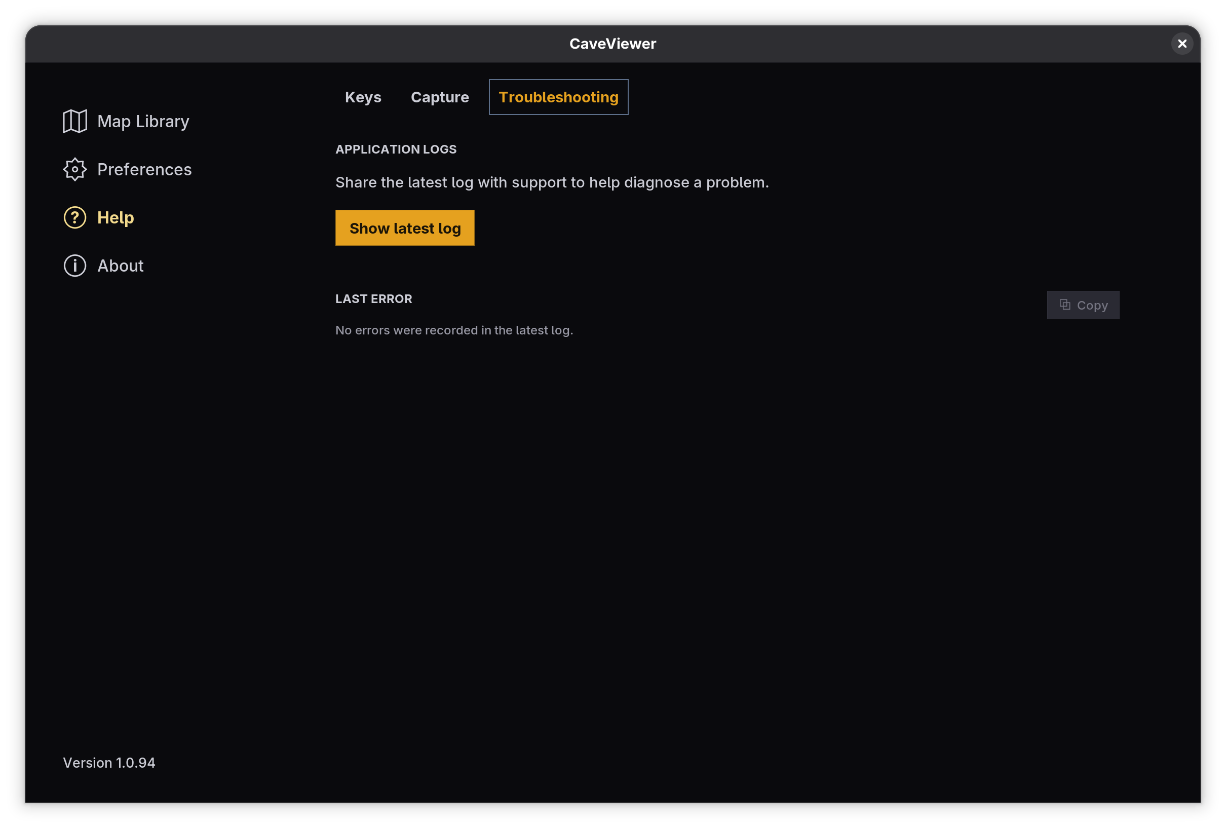 CaveViewer Help with the Troubleshooting tab selected, showing the latest application log and last error controls
