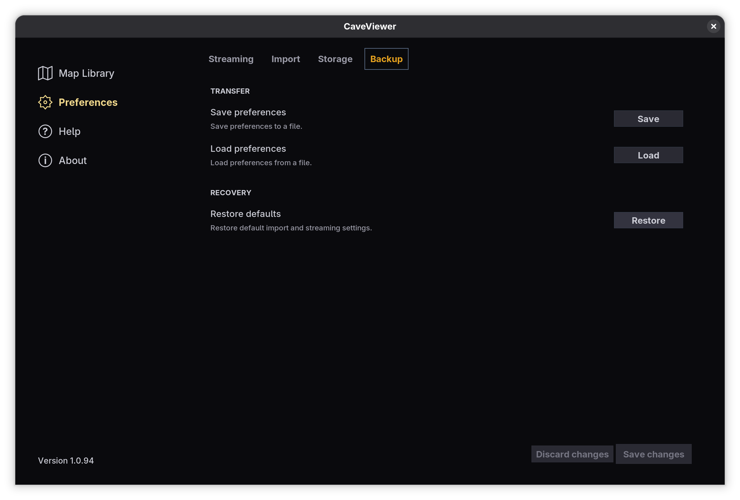 CaveViewer Preferences with the Backup tab selected, showing controls to save, load, and restore preferences