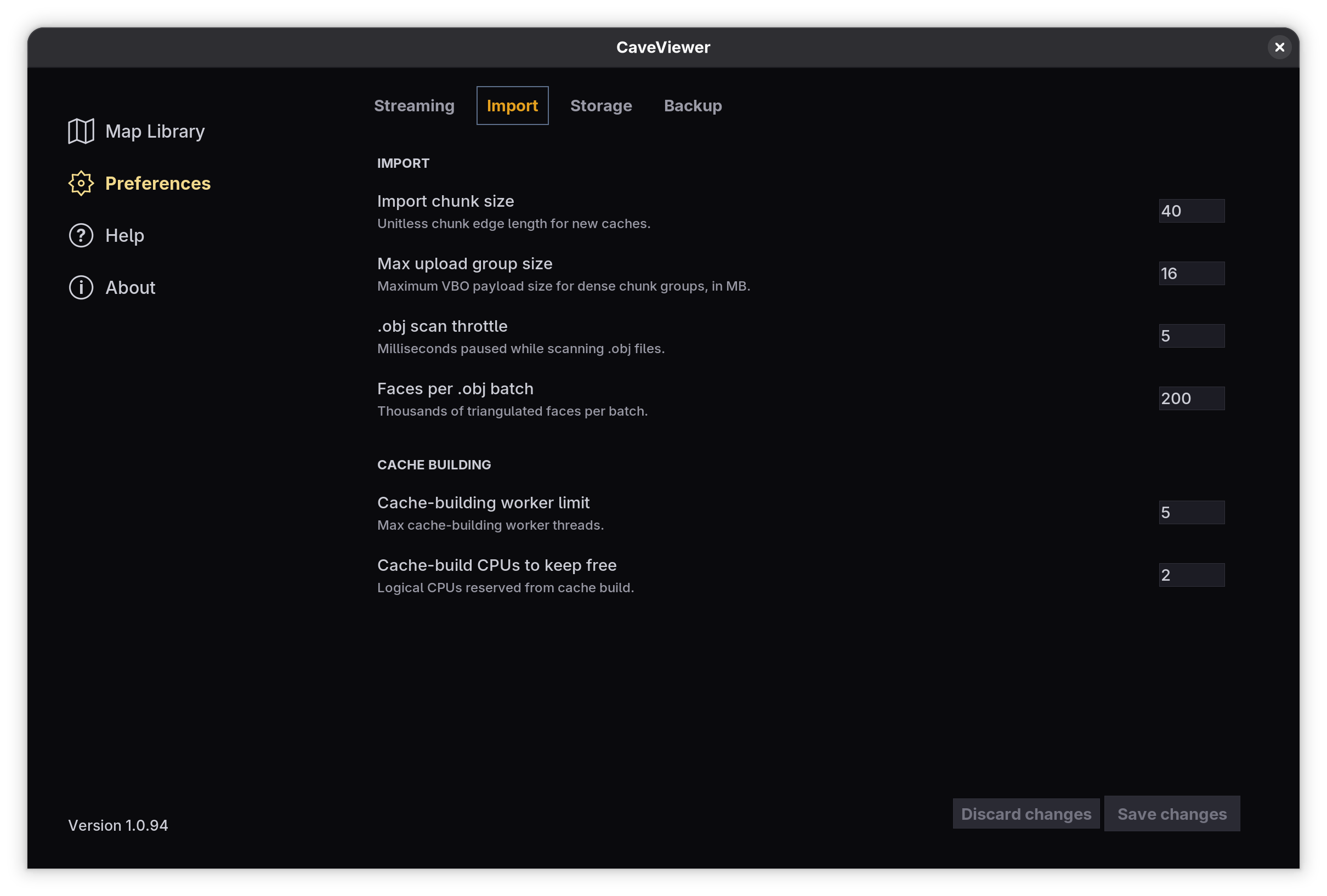 CaveViewer Preferences with the Import tab selected, showing cache and worker settings