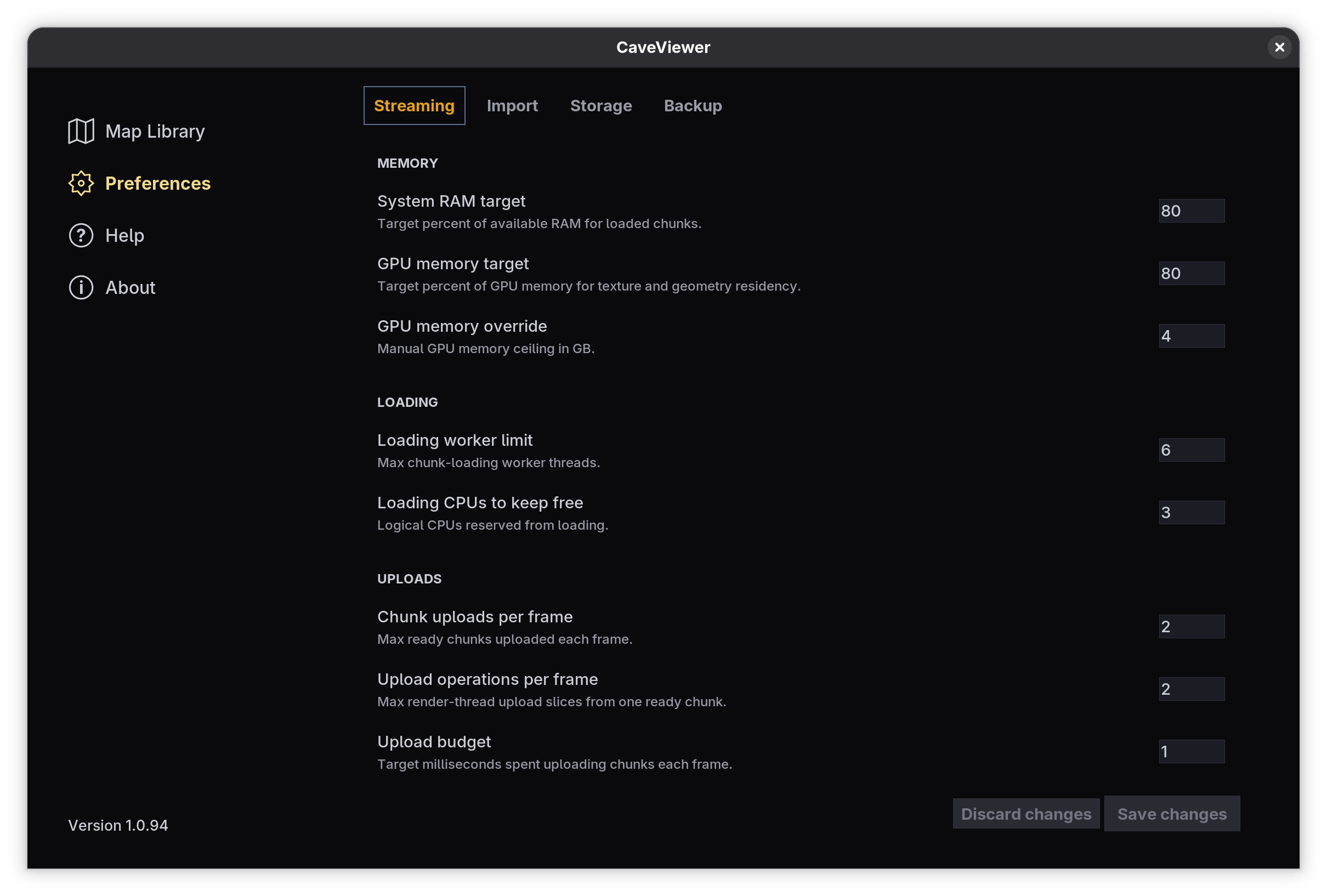 CaveViewer Preferences with the Streaming tab selected, showing memory, loading, and upload settings