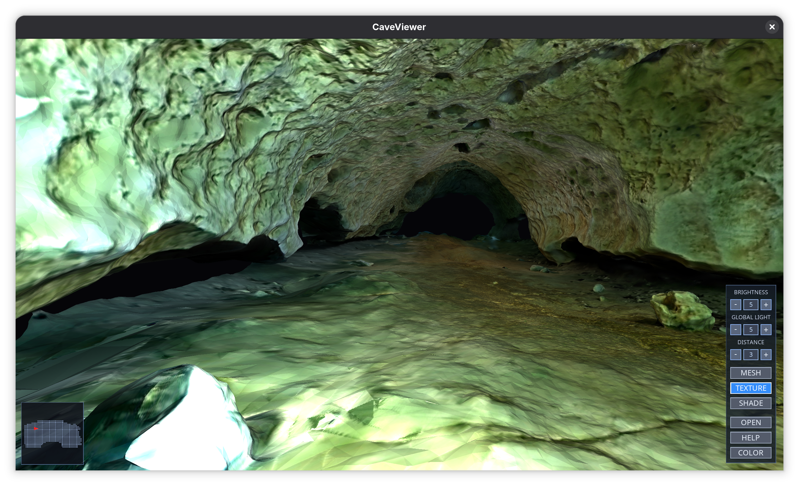 CaveViewer rendering a textured cave passage with a minimap and viewer controls