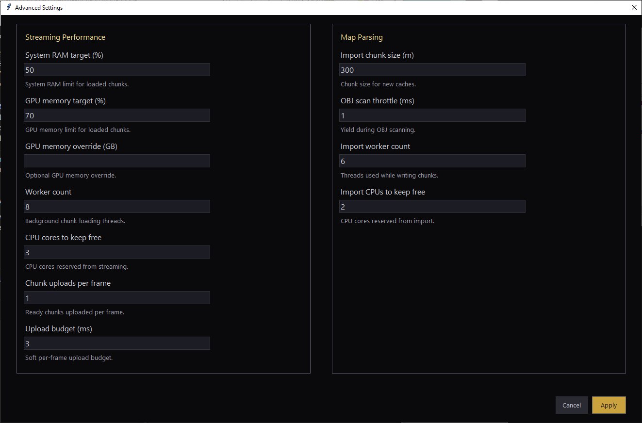CaveViewer's Advanced Settings panel, showing Streaming Performance and Map Parsing options like RAM target, GPU memory target, worker count, and chunk size