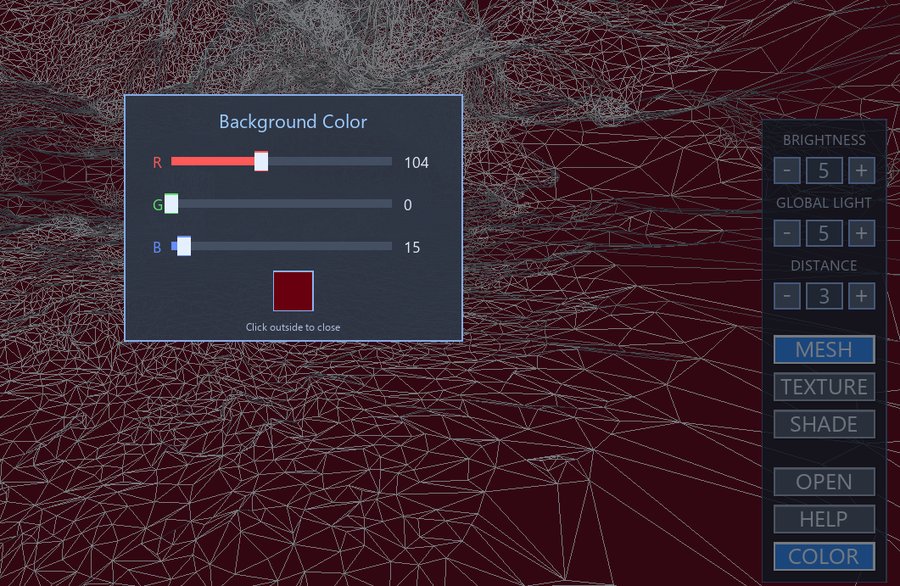 CaveViewer's Background Color panel open over a wireframe cave view, with R, G, and B sliders set to a dark red