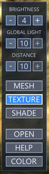 Close-up of CaveViewer's bottom-right control column: brightness, global light, distance, then Mesh, Texture, Shade, Open, Help, and Color buttons