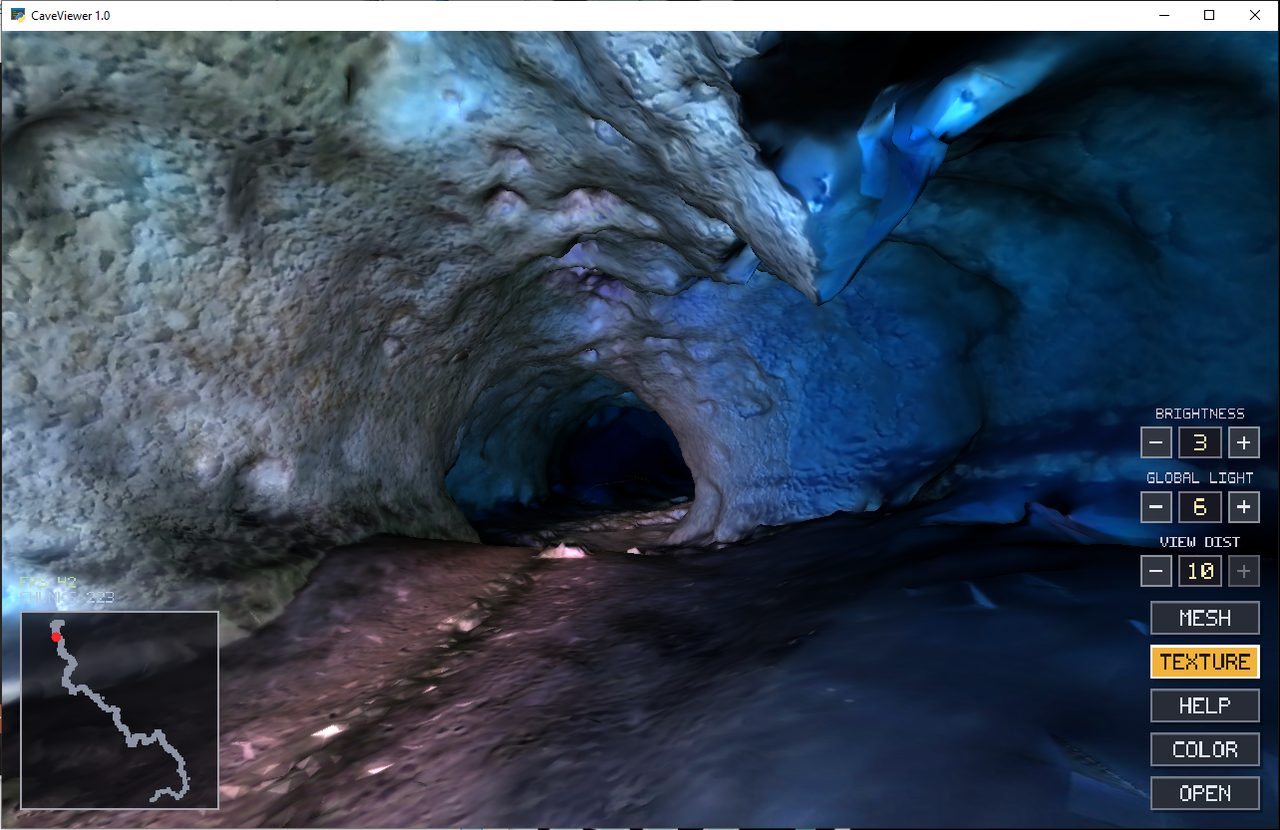 CaveViewer rendering a textured cave passage in blue-lit photogrammetry detail, with the minimap and control column visible