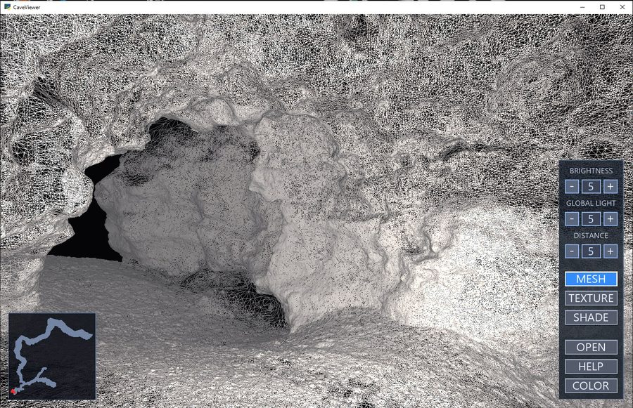CaveViewer showing a cave passage in wireframe mode with the Mesh button highlighted, full triangle mesh visible