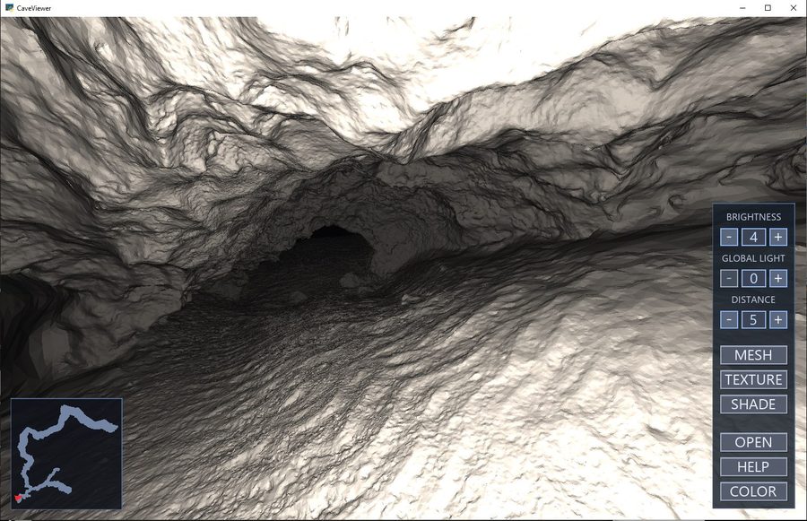 CaveViewer showing a plain lit gray cave surface with texture off, and the minimap visible in the bottom-left corner