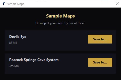 CaveViewer's Sample Maps dialog, listing Devils Eye and Peacock Springs Cave System with Save to buttons