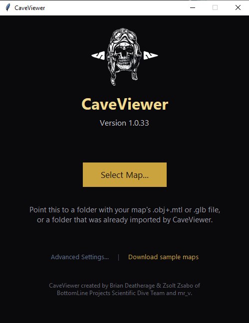 CaveViewer's launch screen with the skull logo, version number, and Select Map button